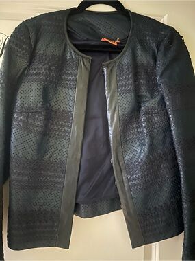 Tory Burch navy soft leather Perforated Open-Front Jacket